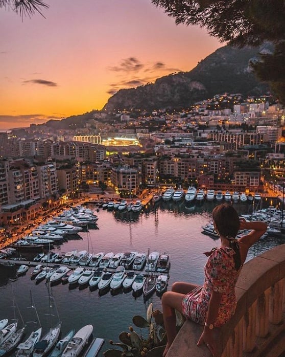 Monaco luxury harbor with yachts at sunset